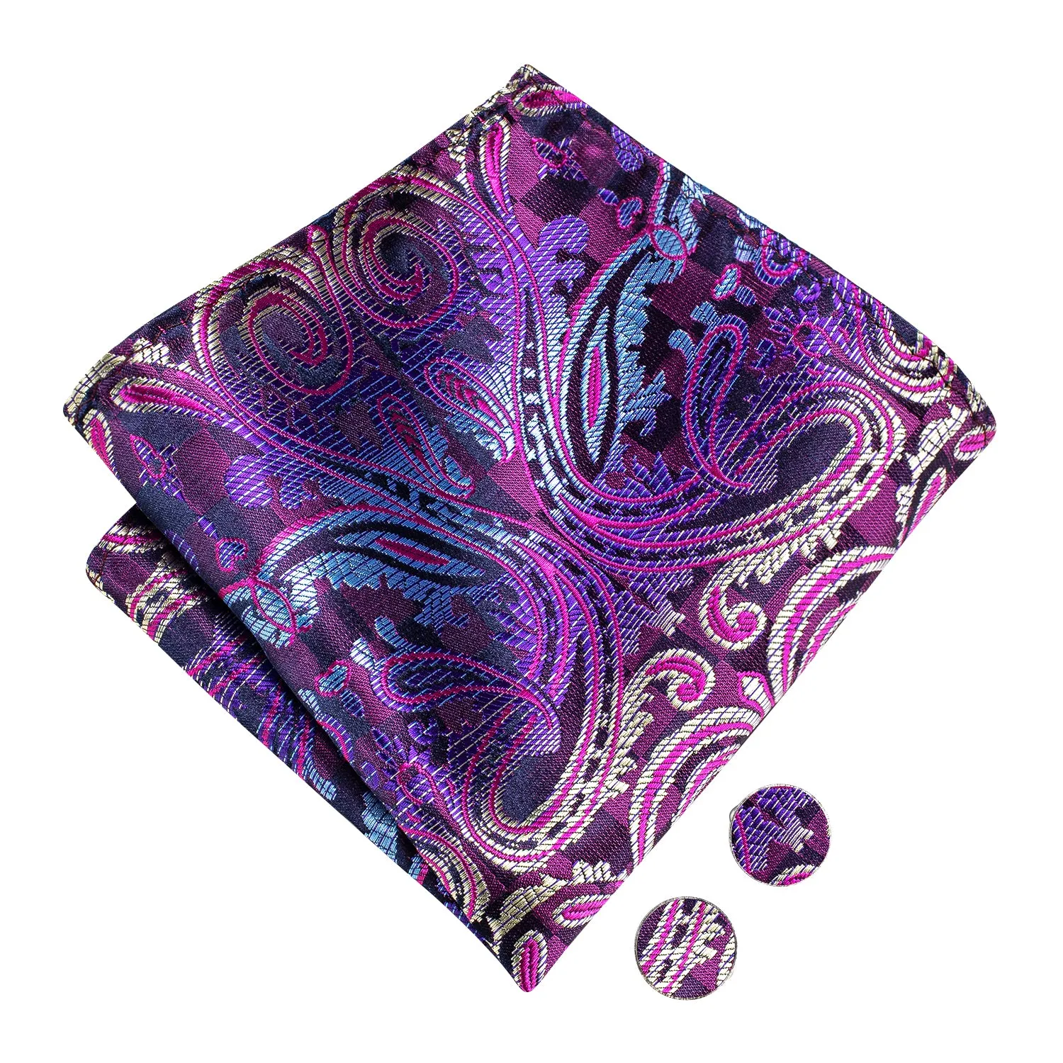 Hi-Tie Purple Bow Tie Paisley Silk Pre-tied Necktie Hanky Cufflinks Set