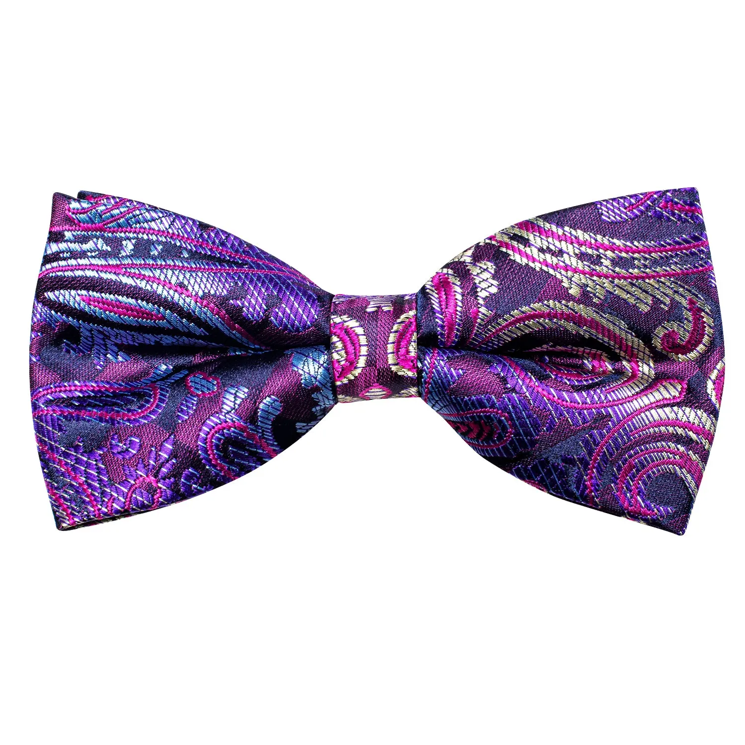 Hi-Tie Purple Bow Tie Paisley Silk Pre-tied Necktie Hanky Cufflinks Set