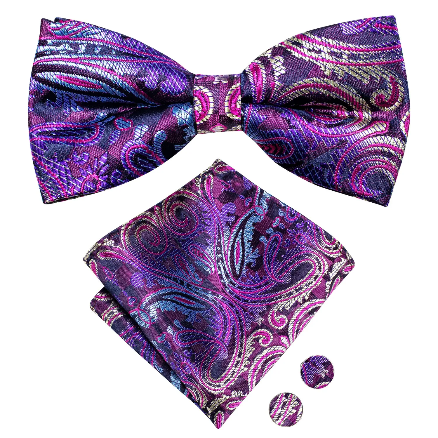 Hi-Tie Purple Bow Tie Paisley Silk Pre-tied Necktie Hanky Cufflinks Set