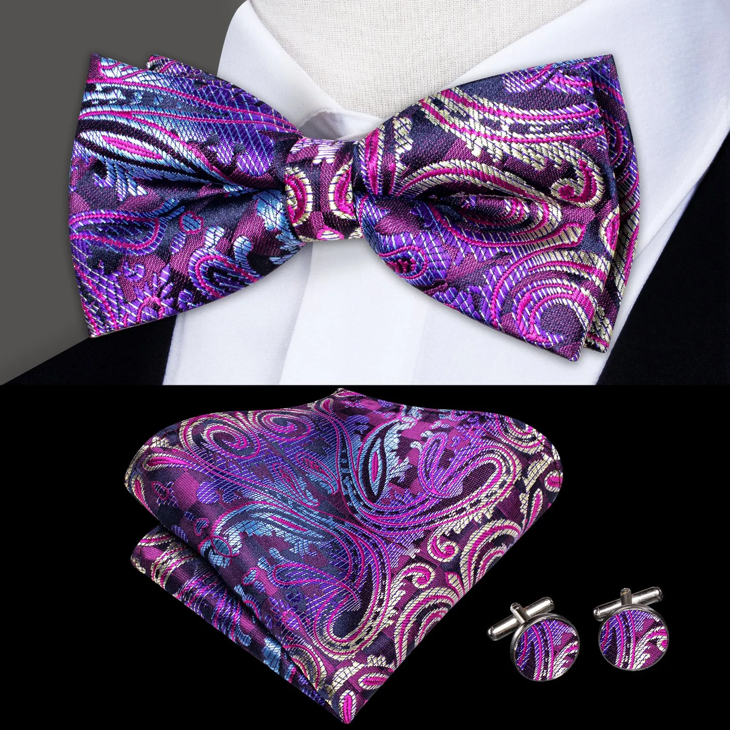 Hi-Tie Purple Bow Tie Paisley Silk Pre-tied Necktie Hanky Cufflinks Set