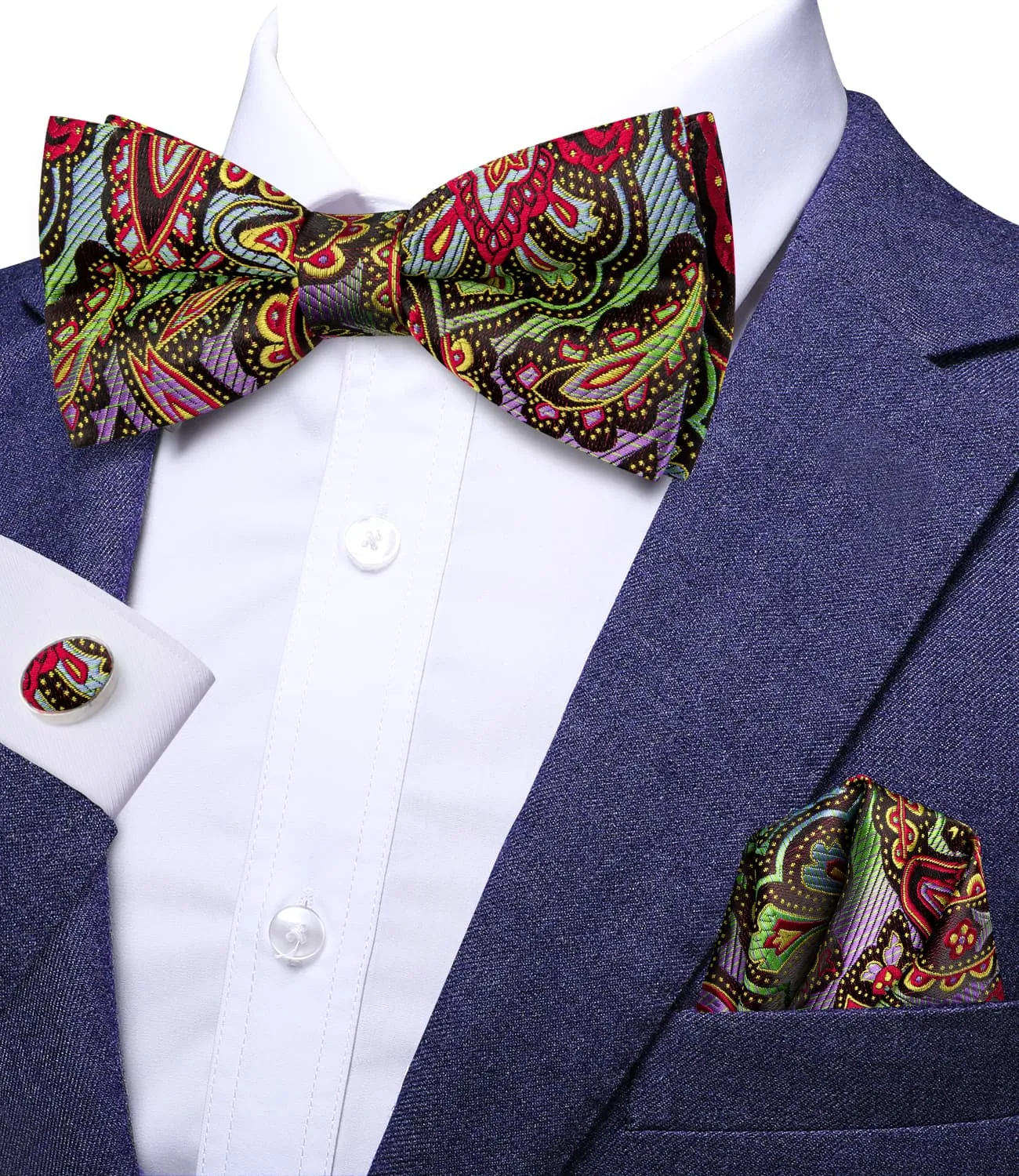 Hi-Tie Rainbow Colorful Paisley Men's Silk Bow Tie Hanky Cufflinks Set