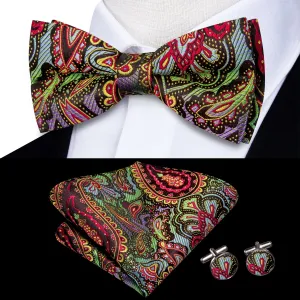 Hi-Tie Rainbow Colorful Paisley Men's Silk Bow Tie Hanky Cufflinks Set