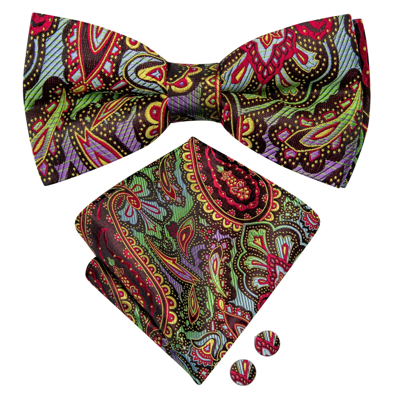 Hi-Tie Rainbow Colorful Paisley Men's Silk Bow Tie Hanky Cufflinks Set