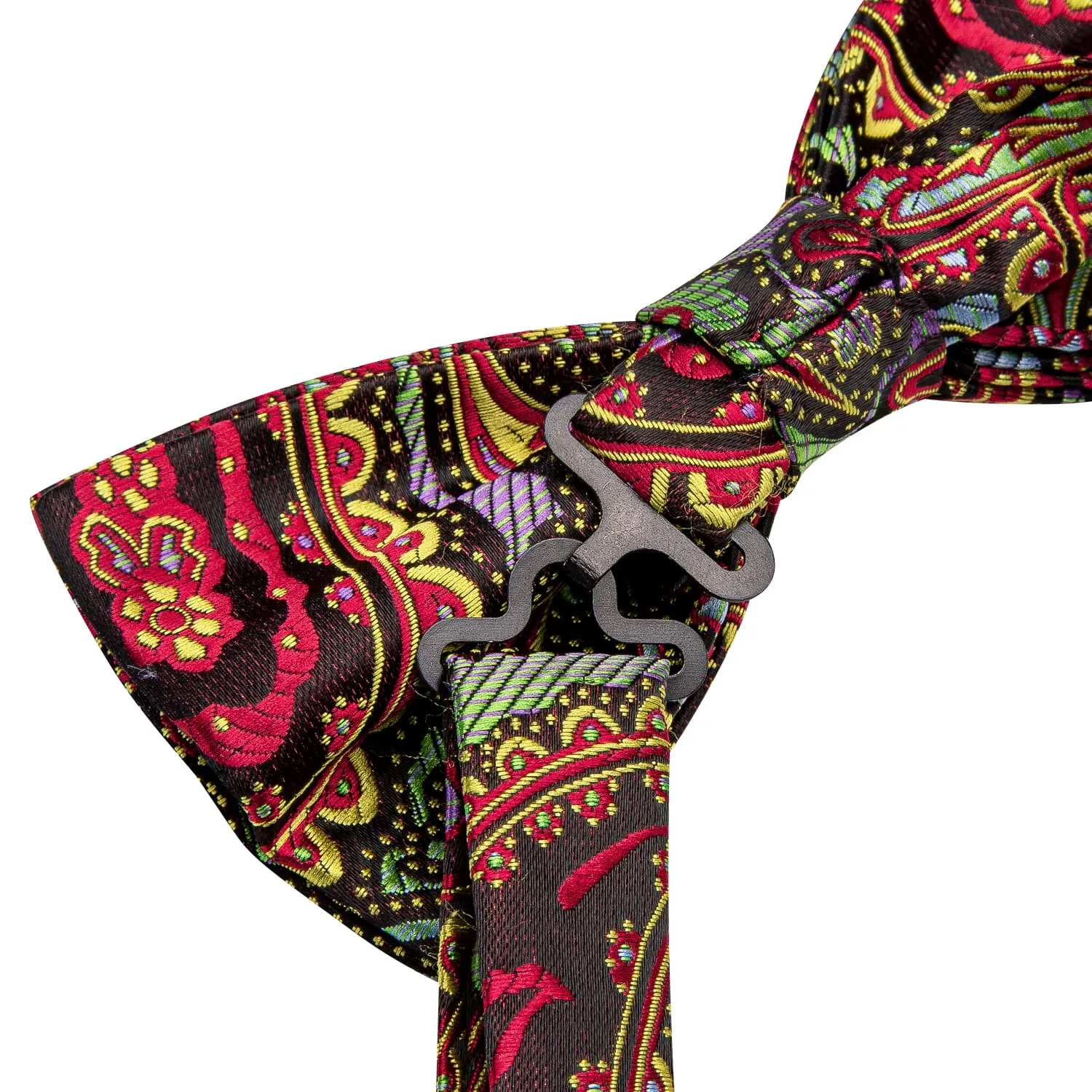 Hi-Tie Rainbow Colorful Paisley Men's Silk Bow Tie Hanky Cufflinks Set