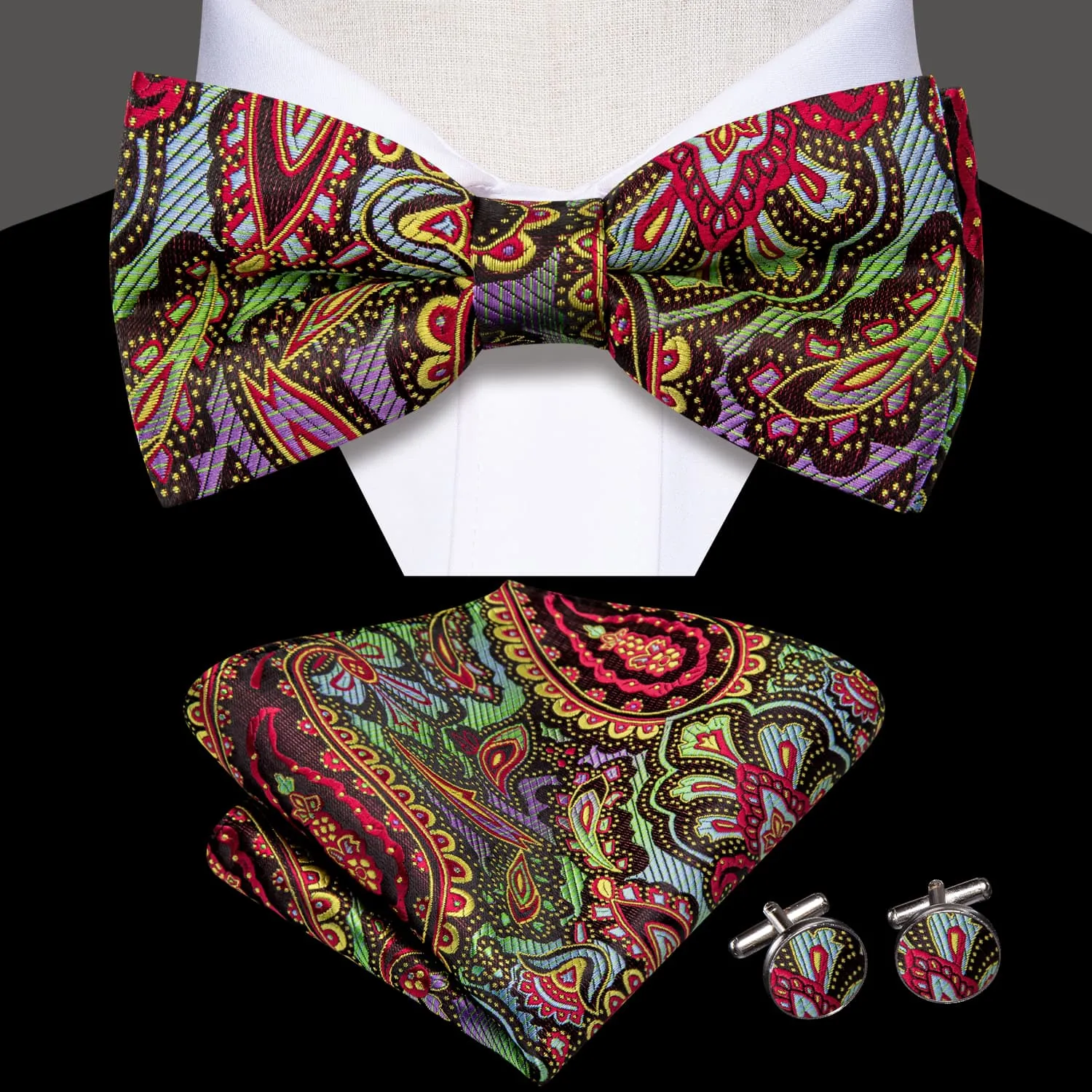 Hi-Tie Rainbow Colorful Paisley Men's Silk Bow Tie Hanky Cufflinks Set