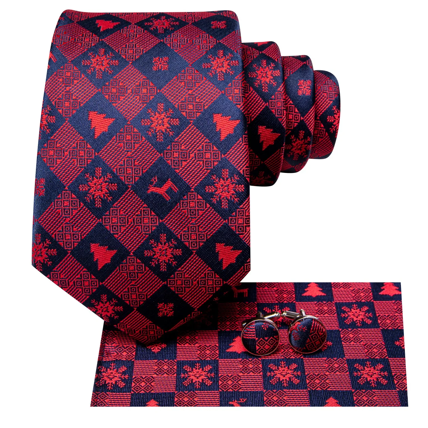 Hi-Tie Red Necktie Novelty Men's Necktie Pocket Square Cufflinks Set