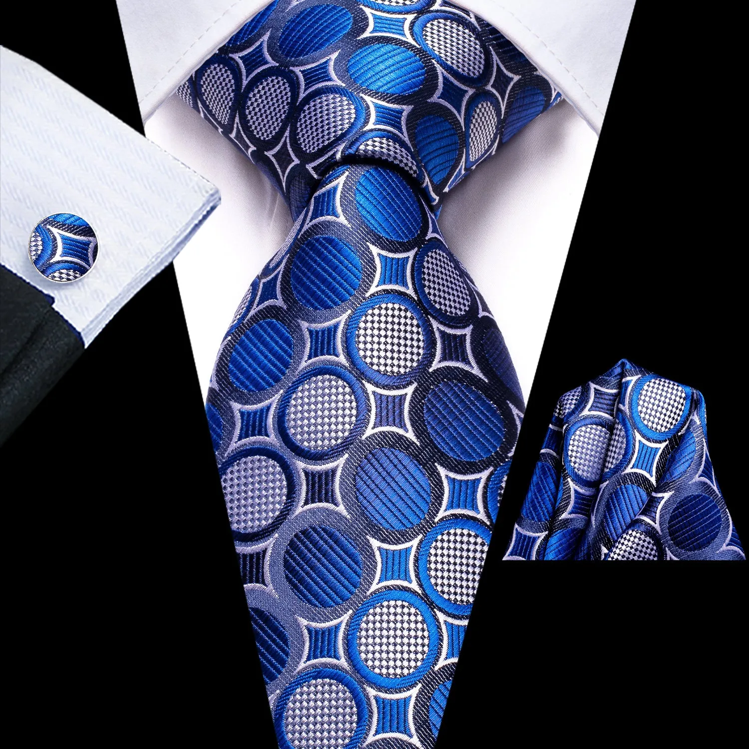 Hi-Tie Royal Blue White Circle Tie Pocket Square Cufflinks Set