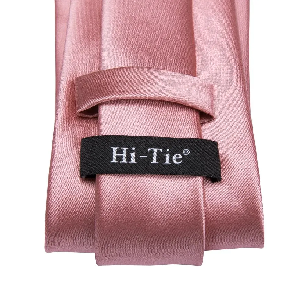 Hi-Tie Wedding Tie Unique Pink Solid Tie Pocket Square Cufflinks Set