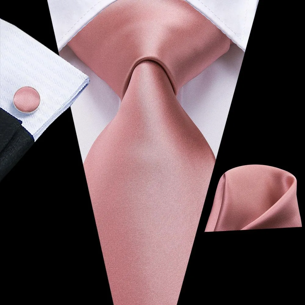 Hi-Tie Wedding Tie Unique Pink Solid Tie Pocket Square Cufflinks Set