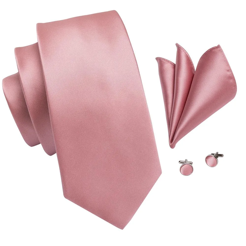 Hi-Tie Wedding Tie Unique Pink Solid Tie Pocket Square Cufflinks Set