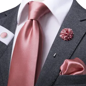 Hi-Tie Wedding Tie Unique Pink Solid Tie Pocket Square Cufflinks Set