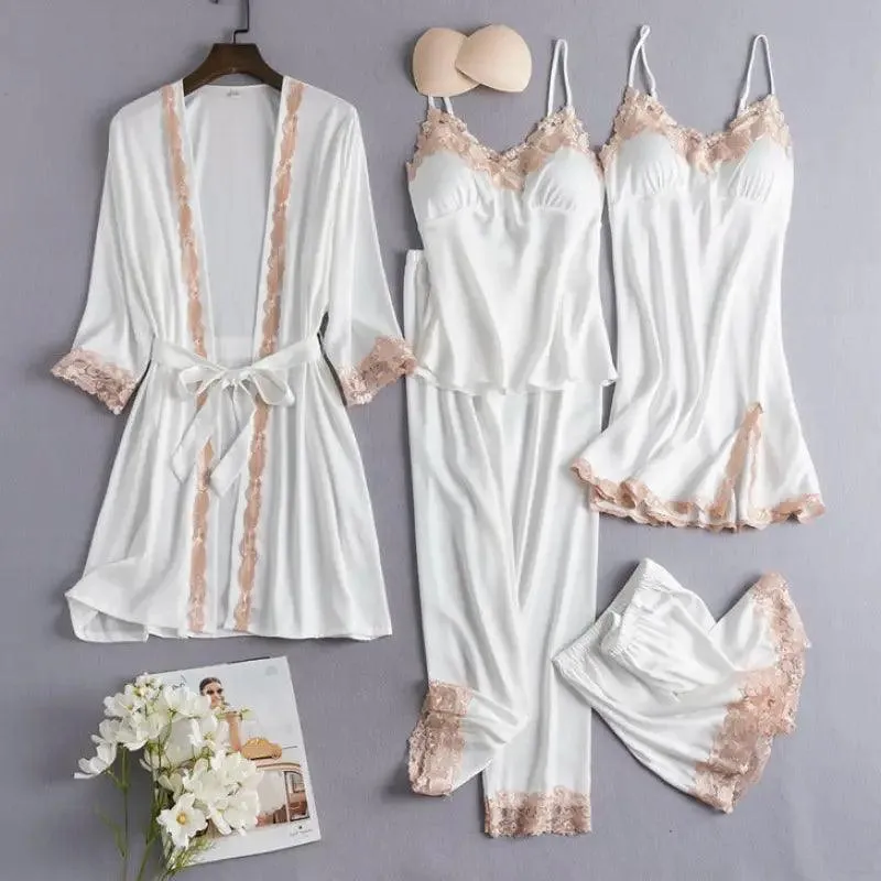 Ice Silk Sexy Slip Nightdress Silk Satin Nightgown With Chest Pad Five-piece Suit Homewear