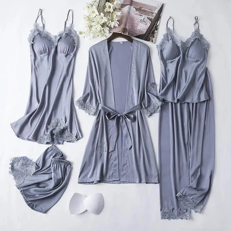 Ice Silk Sexy Slip Nightdress Silk Satin Nightgown With Chest Pad Five-piece Suit Homewear