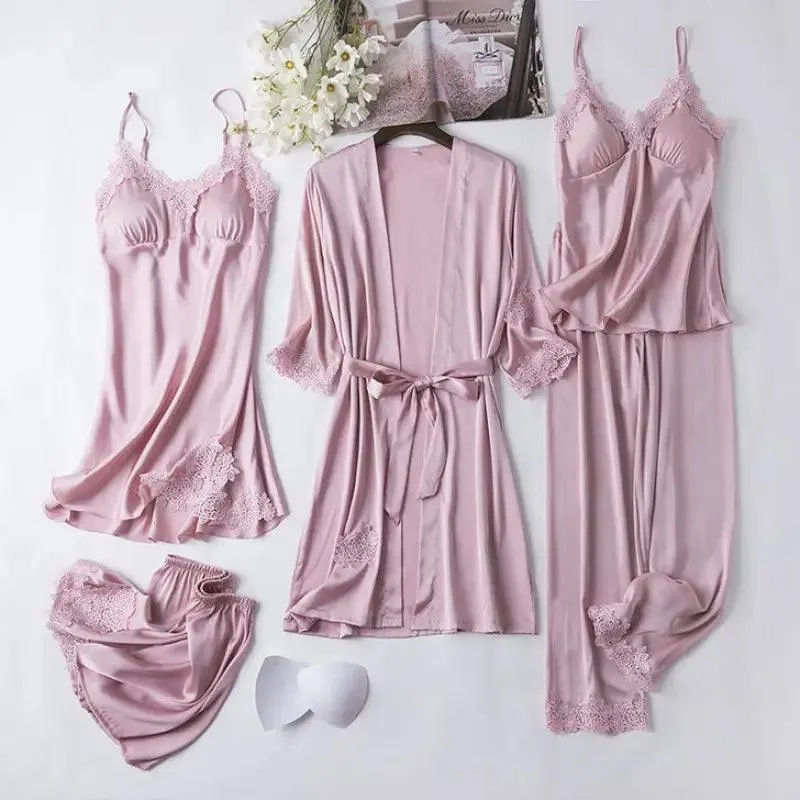 Ice Silk Sexy Slip Nightdress Silk Satin Nightgown With Chest Pad Five-piece Suit Homewear