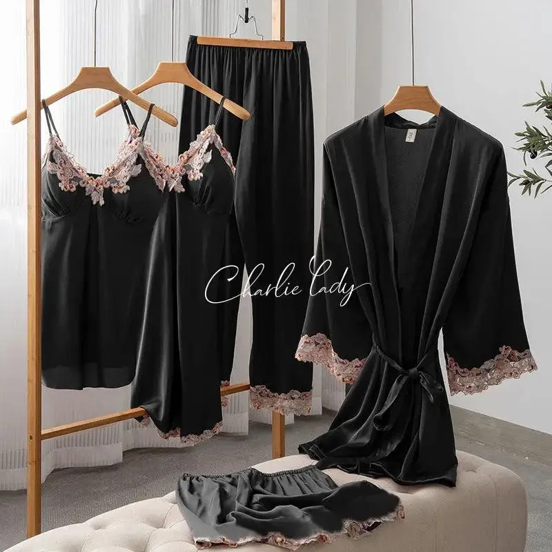 Ice Silk Sexy Slip Nightdress Silk Satin Nightgown With Chest Pad Five-piece Suit Homewear