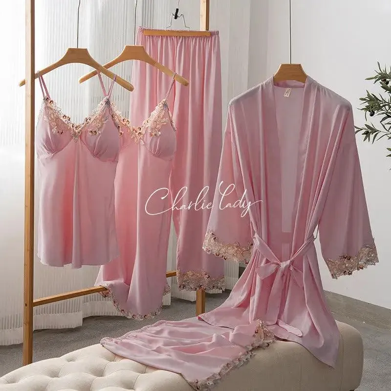 Ice Silk Sexy Slip Nightdress Silk Satin Nightgown With Chest Pad Five-piece Suit Homewear