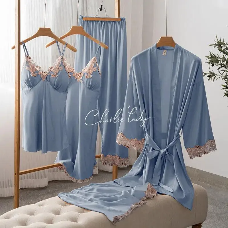 Ice Silk Sexy Slip Nightdress Silk Satin Nightgown With Chest Pad Five-piece Suit Homewear