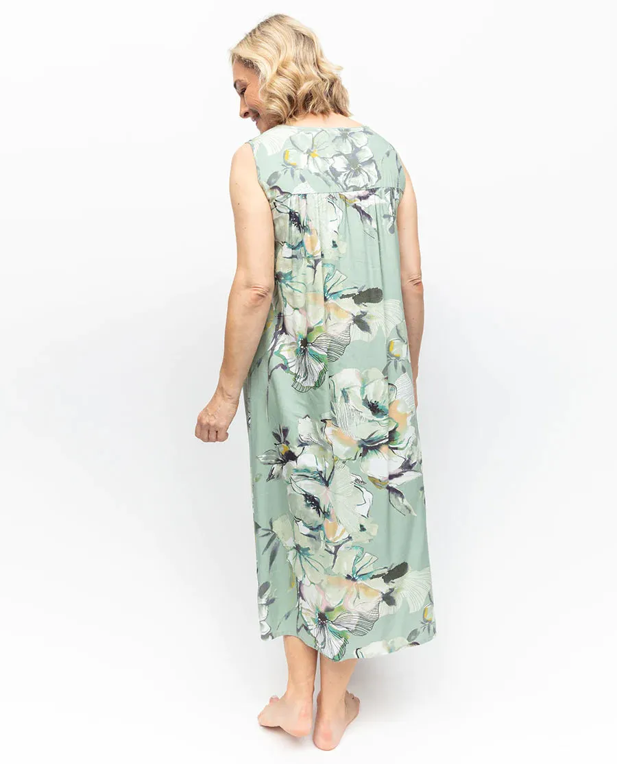 Julia Floral Print Long Nightdress Sage