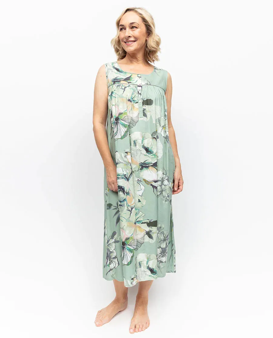 Julia Floral Print Long Nightdress Sage