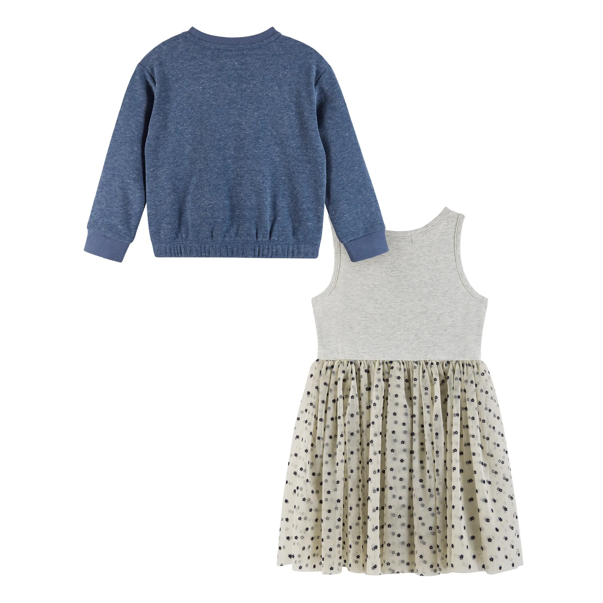 Kids Terry Crewneck & Dress Set | Navy Heather Flowers