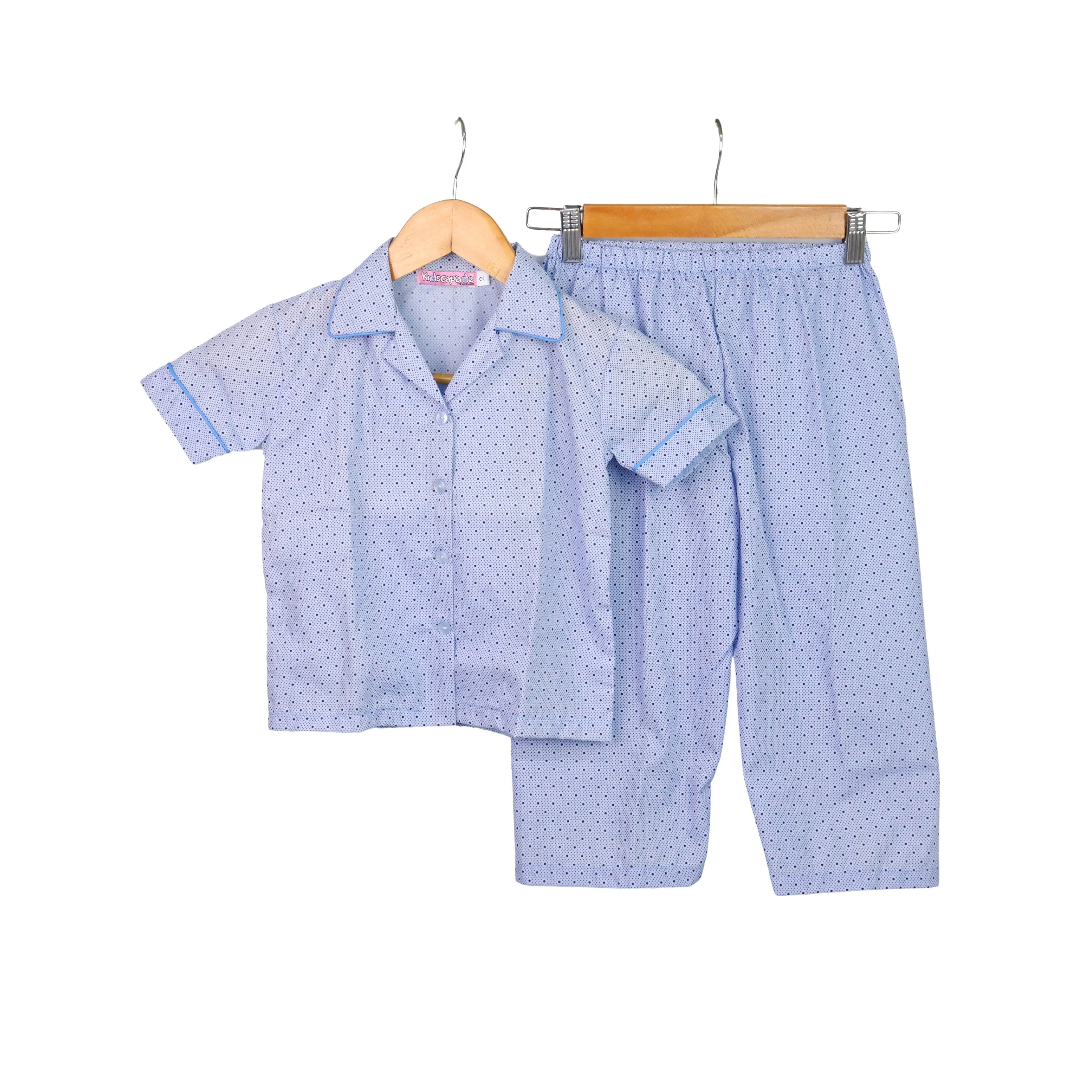 Kidscapade P. Girls Pajama Set Dotted Print with Collar - Light Blue