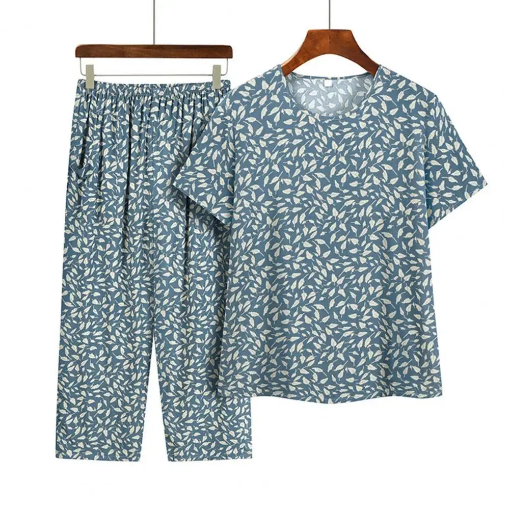 Ladies Pajamas Suit Floral Print Mid-aged Women's Pajama Set with Wide Leg Trousers Elastic Waist Comfortable for Grandmothers