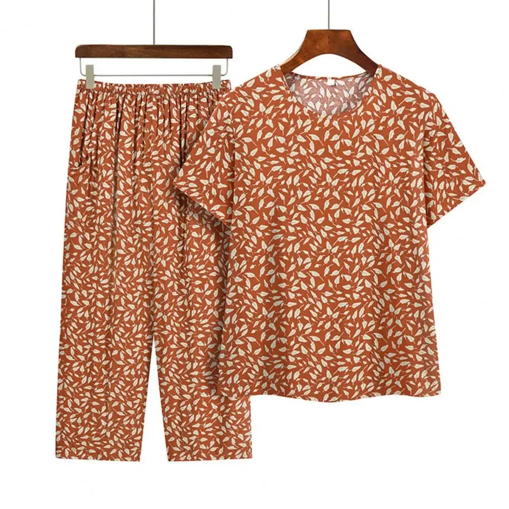 Ladies Pajamas Suit Floral Print Mid-aged Women's Pajama Set with Wide Leg Trousers Elastic Waist Comfortable for Grandmothers