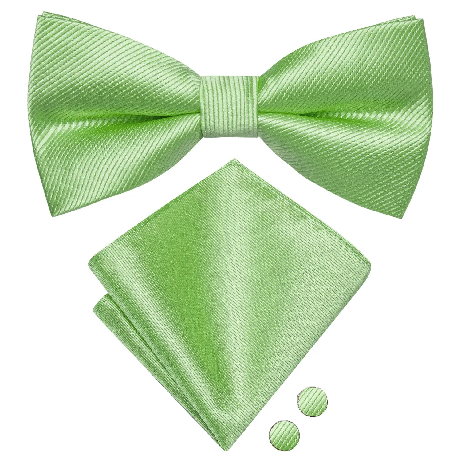 Light Green Striped Pre-tied Bow Tie Hanky Cufflinks Set