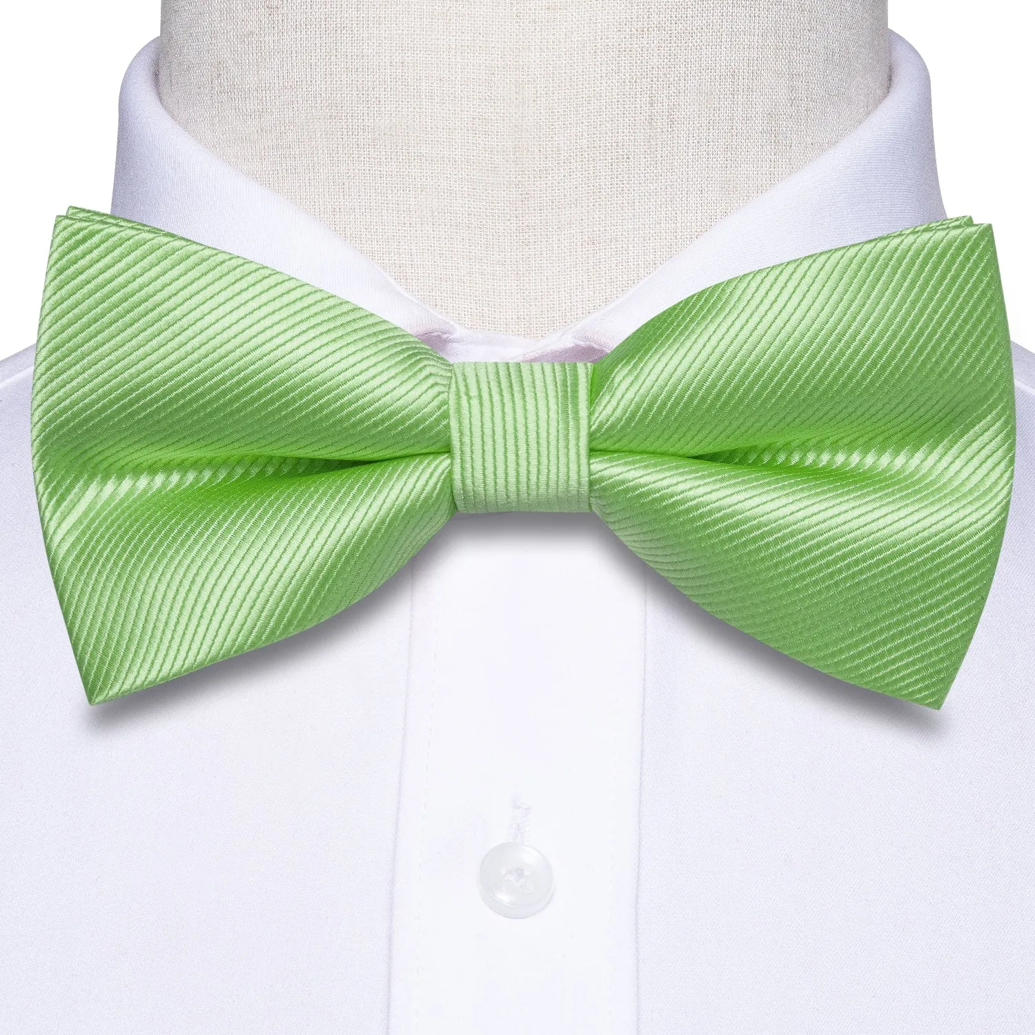 Light Green Striped Pre-tied Bow Tie Hanky Cufflinks Set