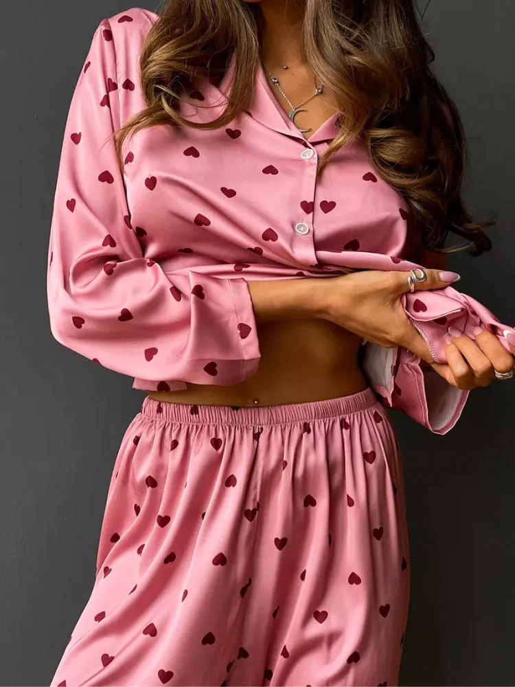 Luxurious Heart Print Long Sleeve Pajama Set