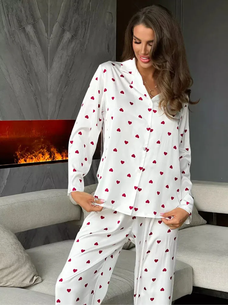 Luxurious Heart Print Long Sleeve Pajama Set