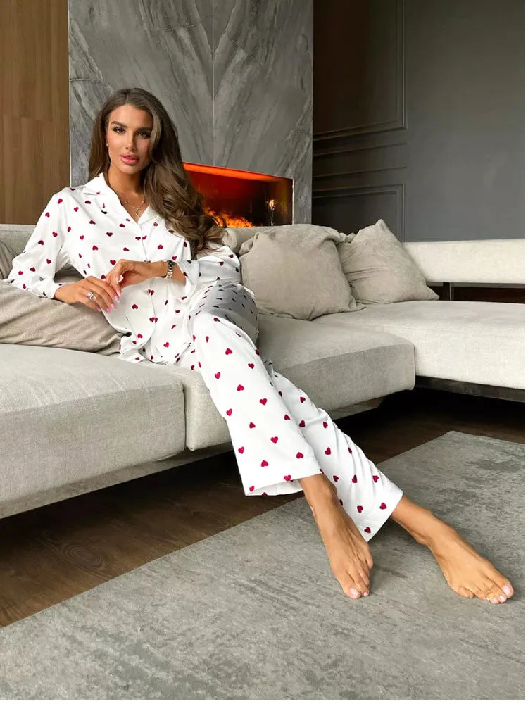 Luxurious Heart Print Long Sleeve Pajama Set