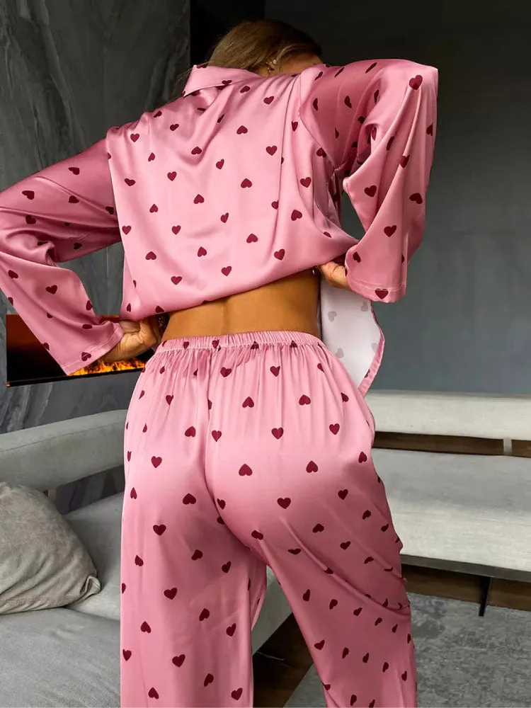 Luxurious Heart Print Long Sleeve Pajama Set