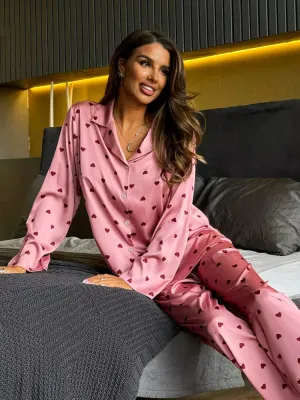 Luxurious Heart Print Long Sleeve Pajama Set