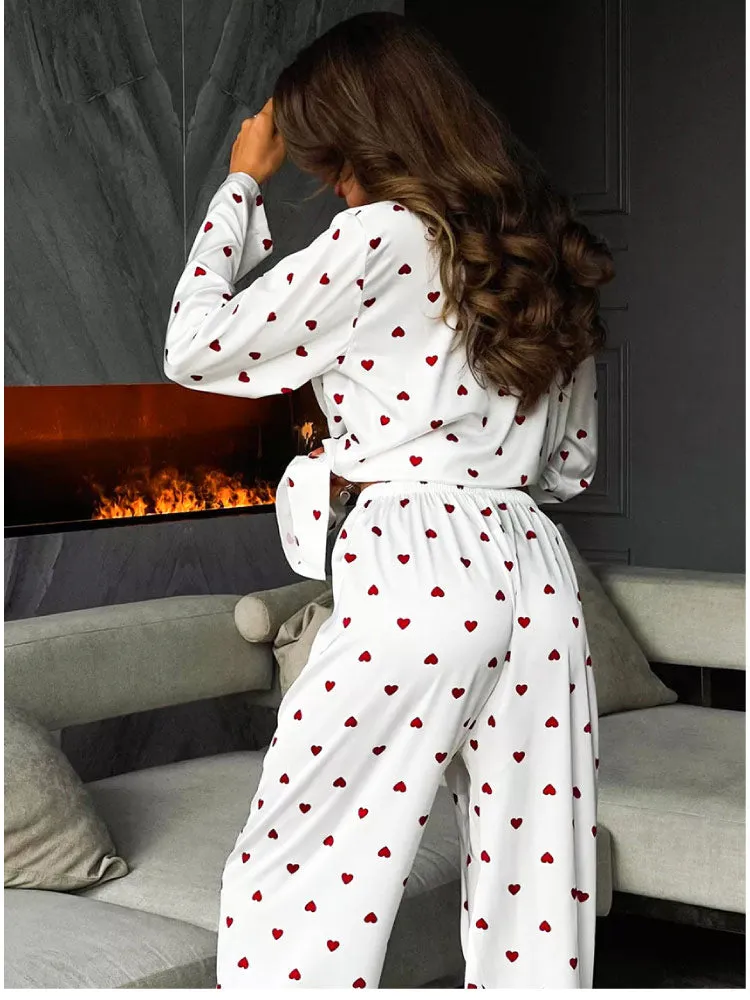 Luxurious Heart Print Long Sleeve Pajama Set