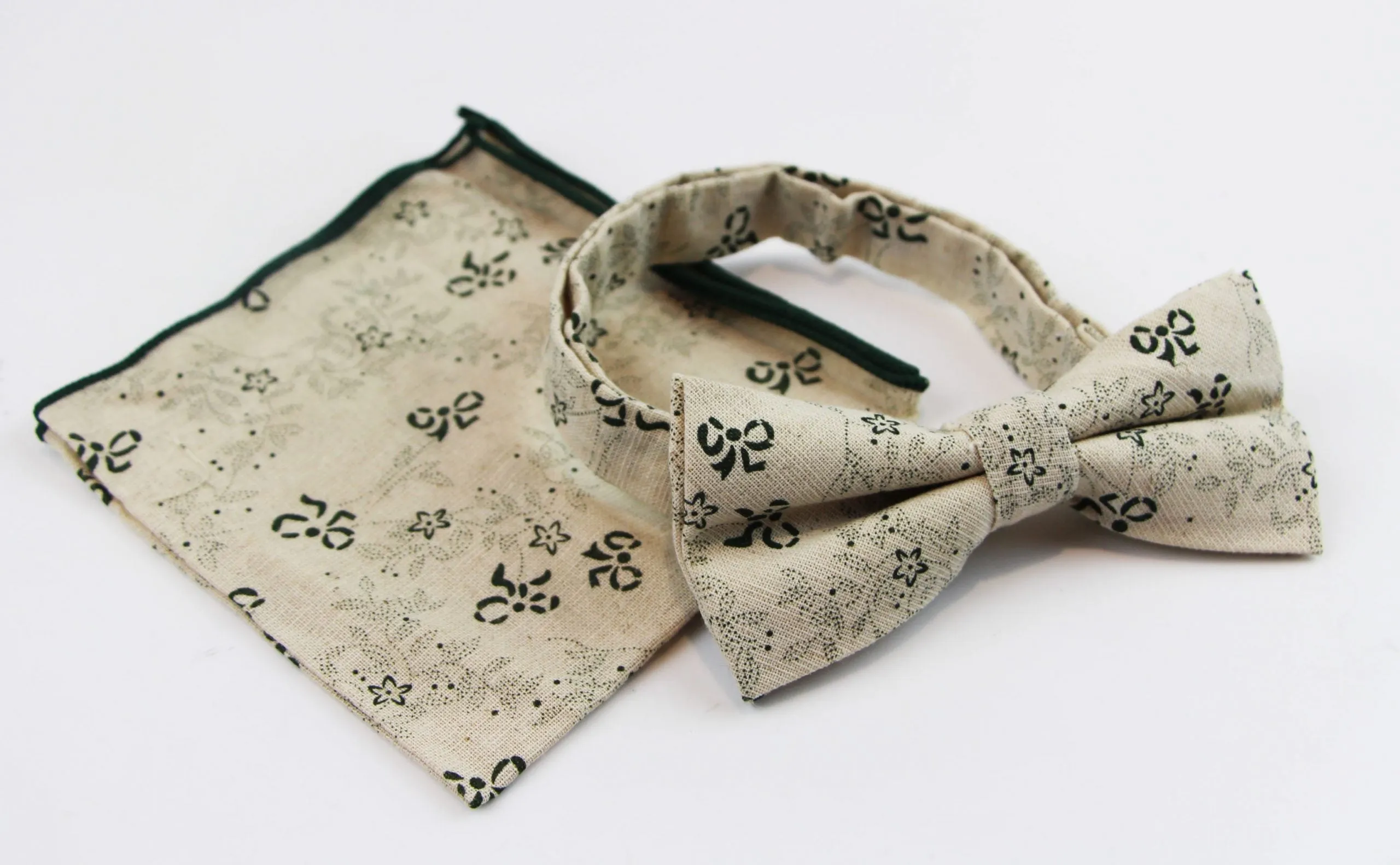 Mens Cream & Green Floral Bow Pattern Cotton Bow Tie & Pocket Square Set