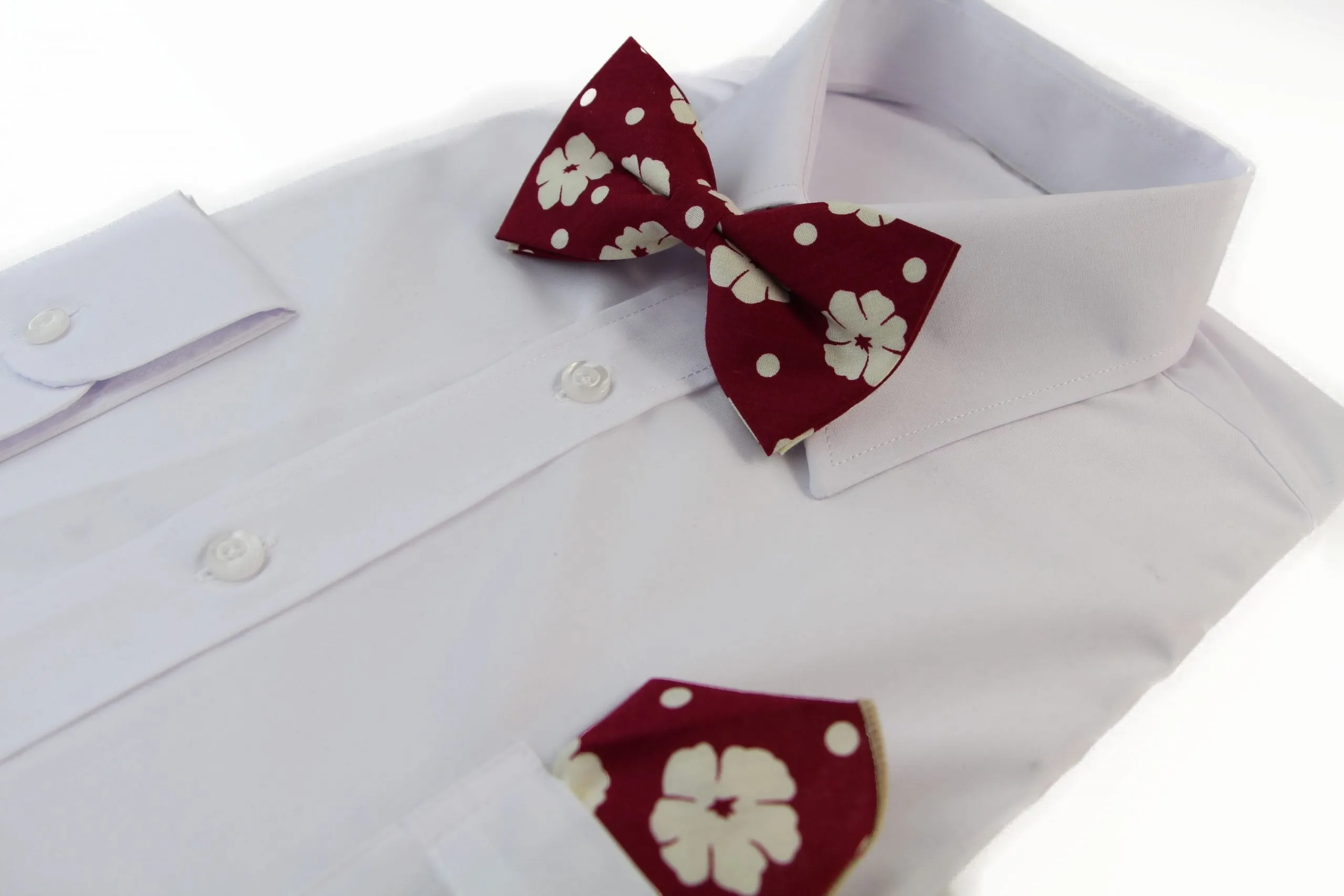 Mens Maroon With Cream Flowers Cotton Bow Tie & Pocket Square Set