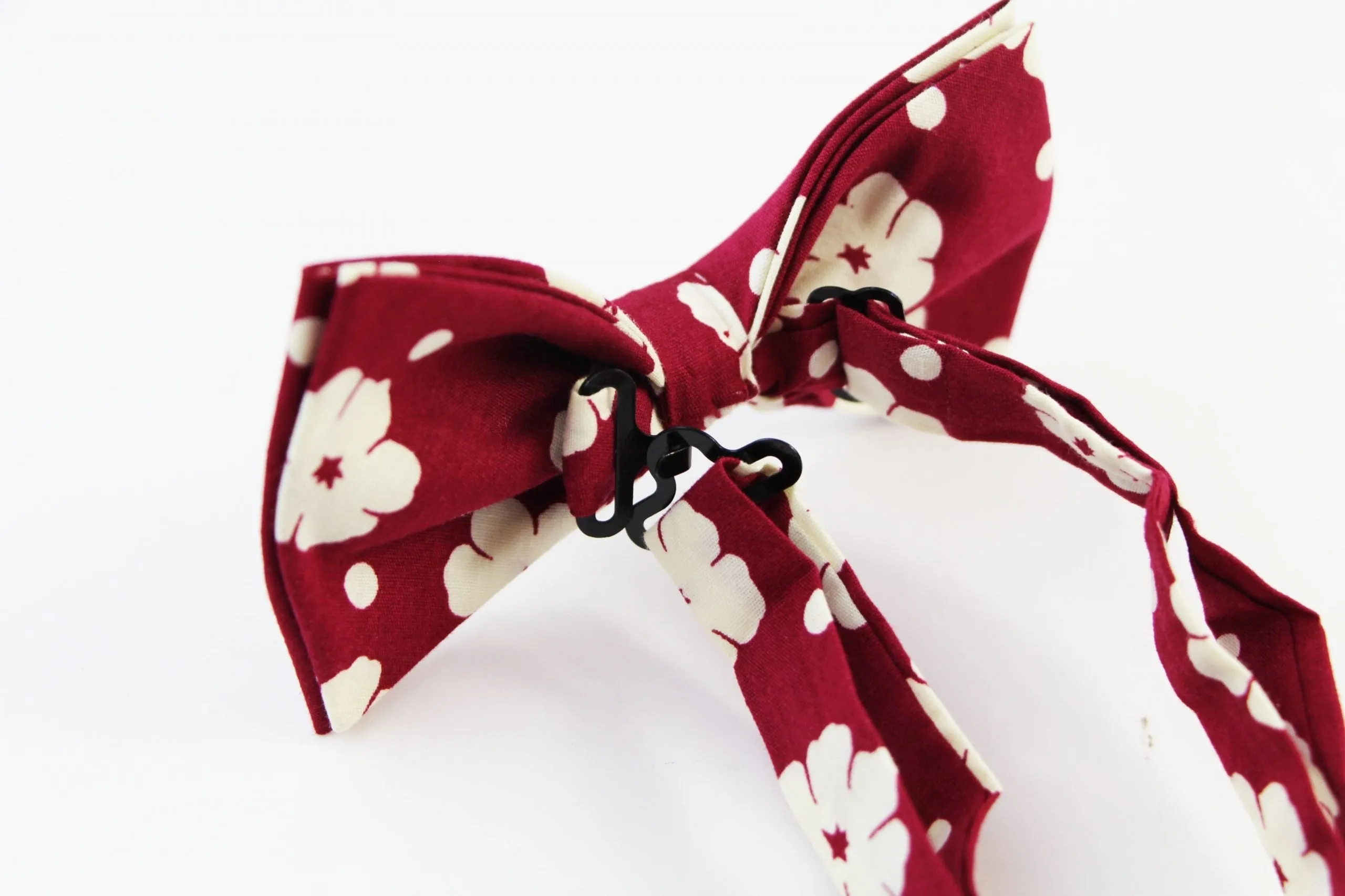 Mens Maroon With Cream Flowers Cotton Bow Tie & Pocket Square Set