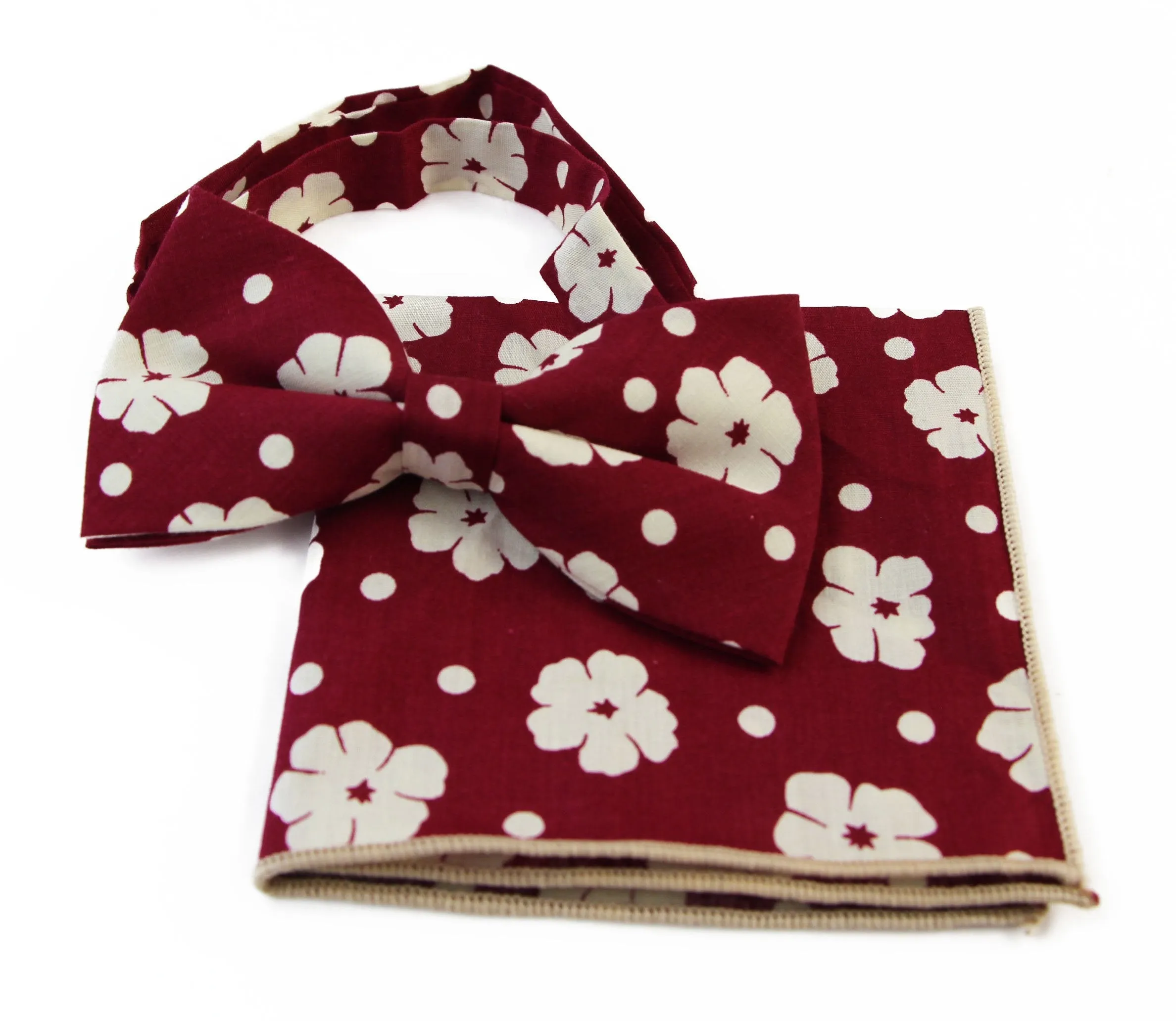 Mens Maroon With Cream Flowers Cotton Bow Tie & Pocket Square Set