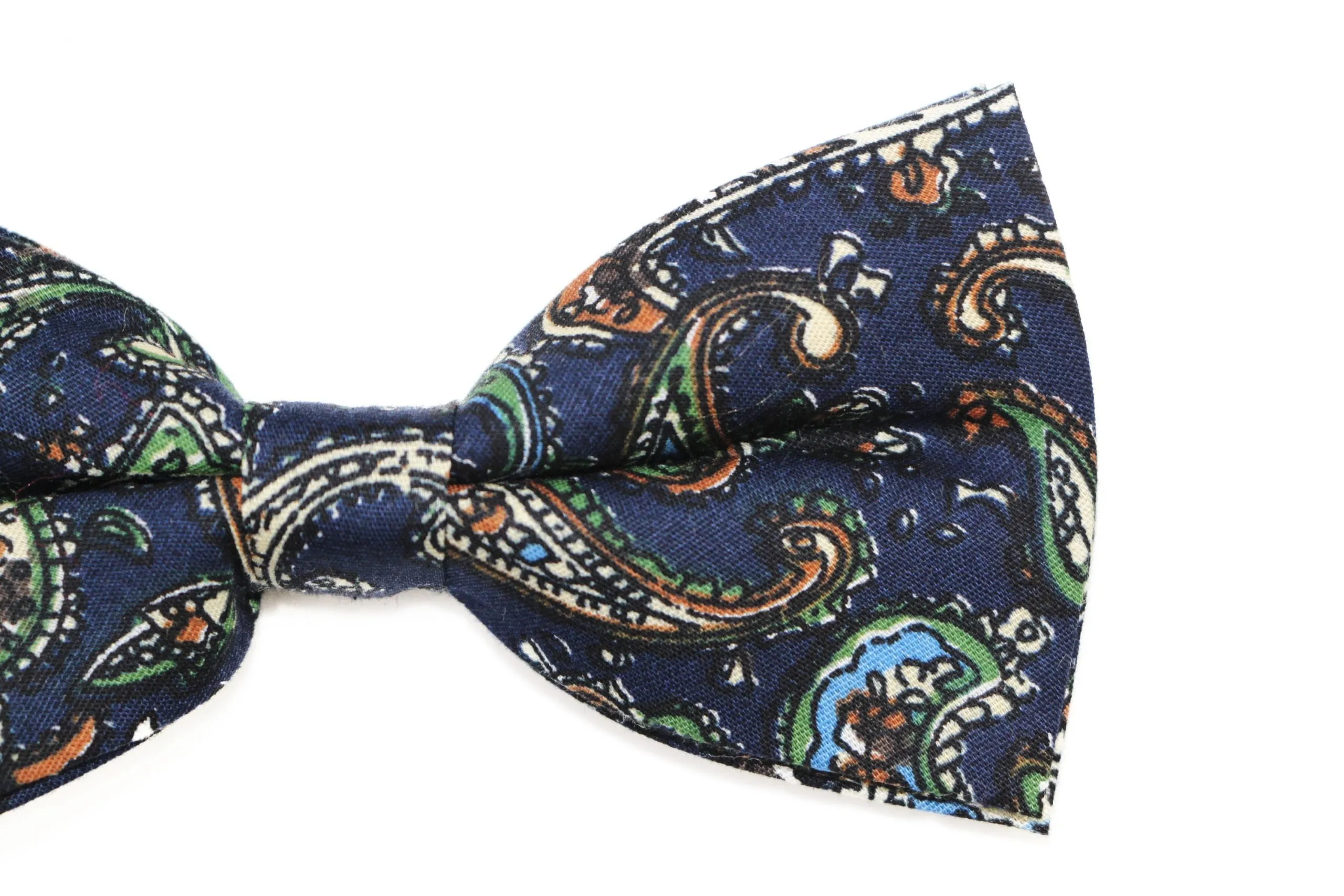 Mens Navy, Blue, Cream & Green Paisley Cotton Bow Tie & Pocket Square Set