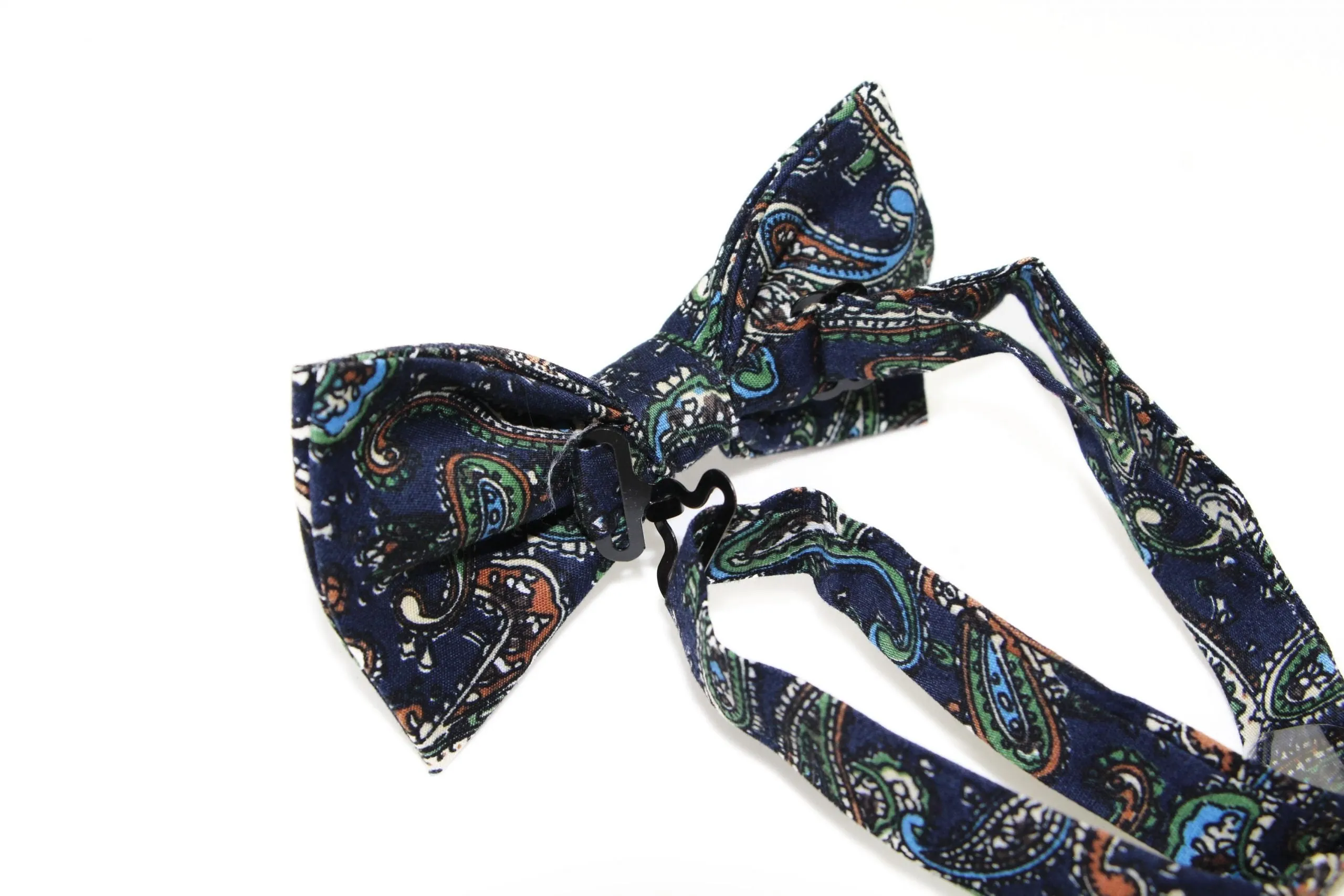 Mens Navy, Blue, Cream & Green Paisley Cotton Bow Tie & Pocket Square Set