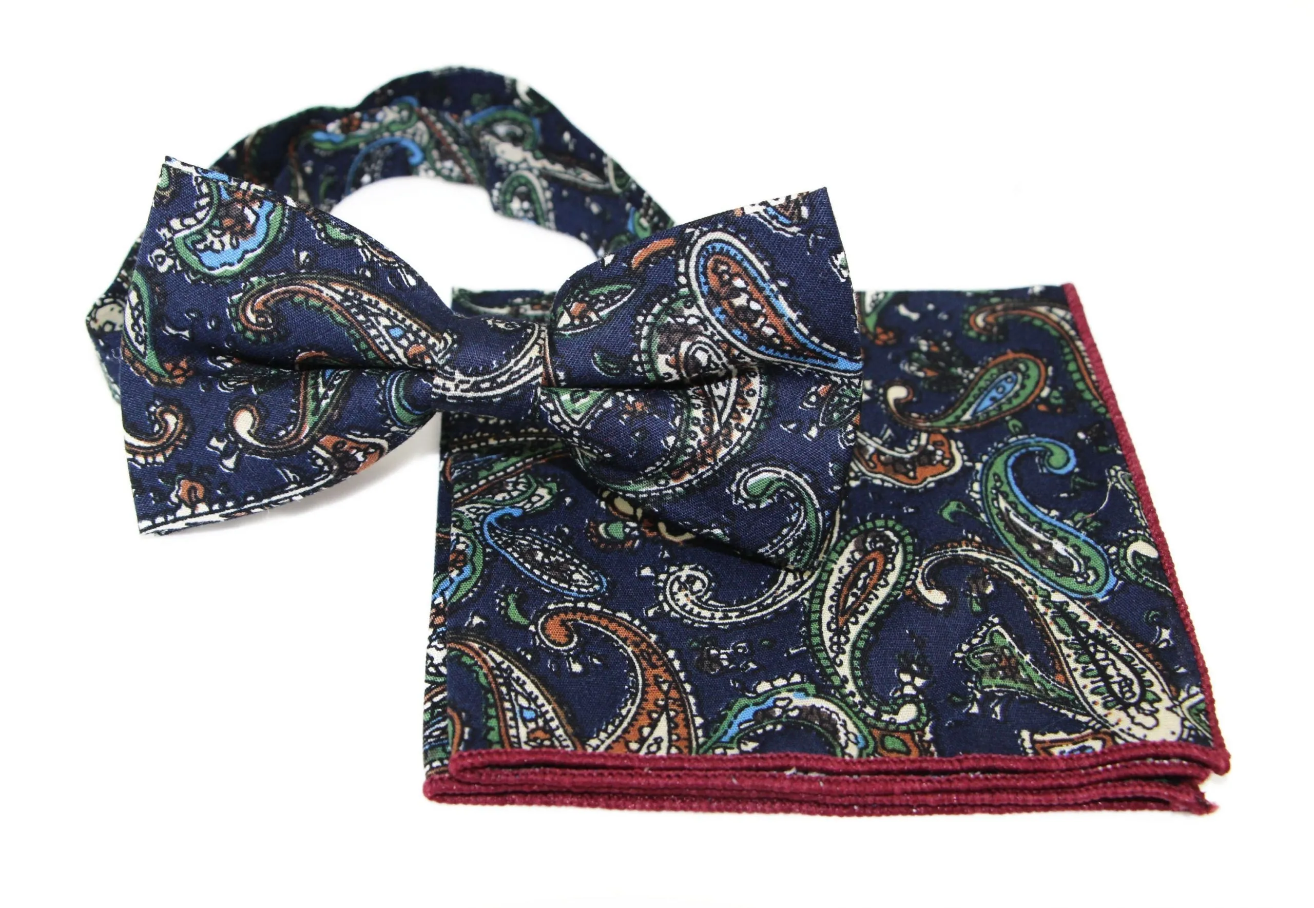 Mens Navy, Blue, Cream & Green Paisley Cotton Bow Tie & Pocket Square Set