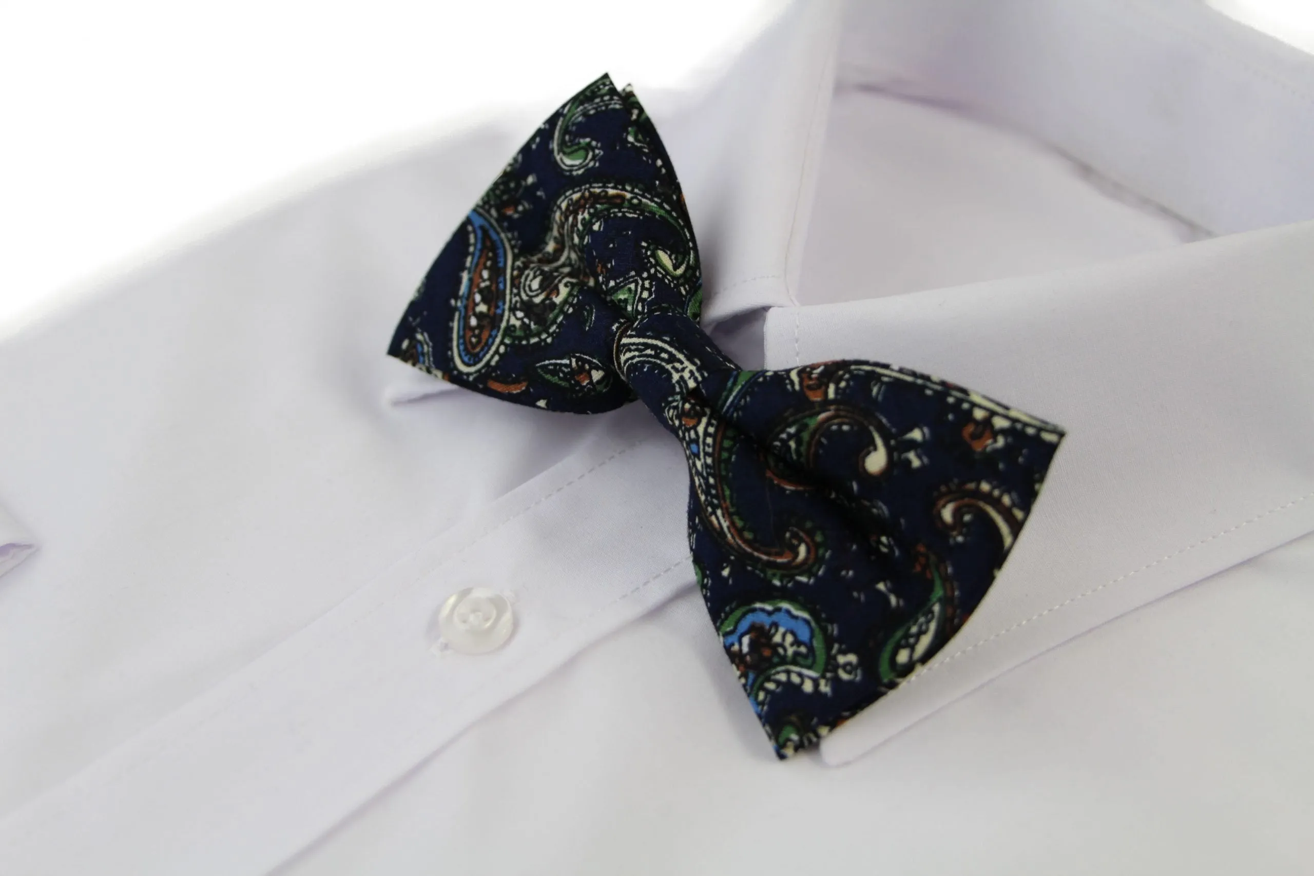 Mens Navy, Blue, Cream & Green Paisley Cotton Bow Tie & Pocket Square Set