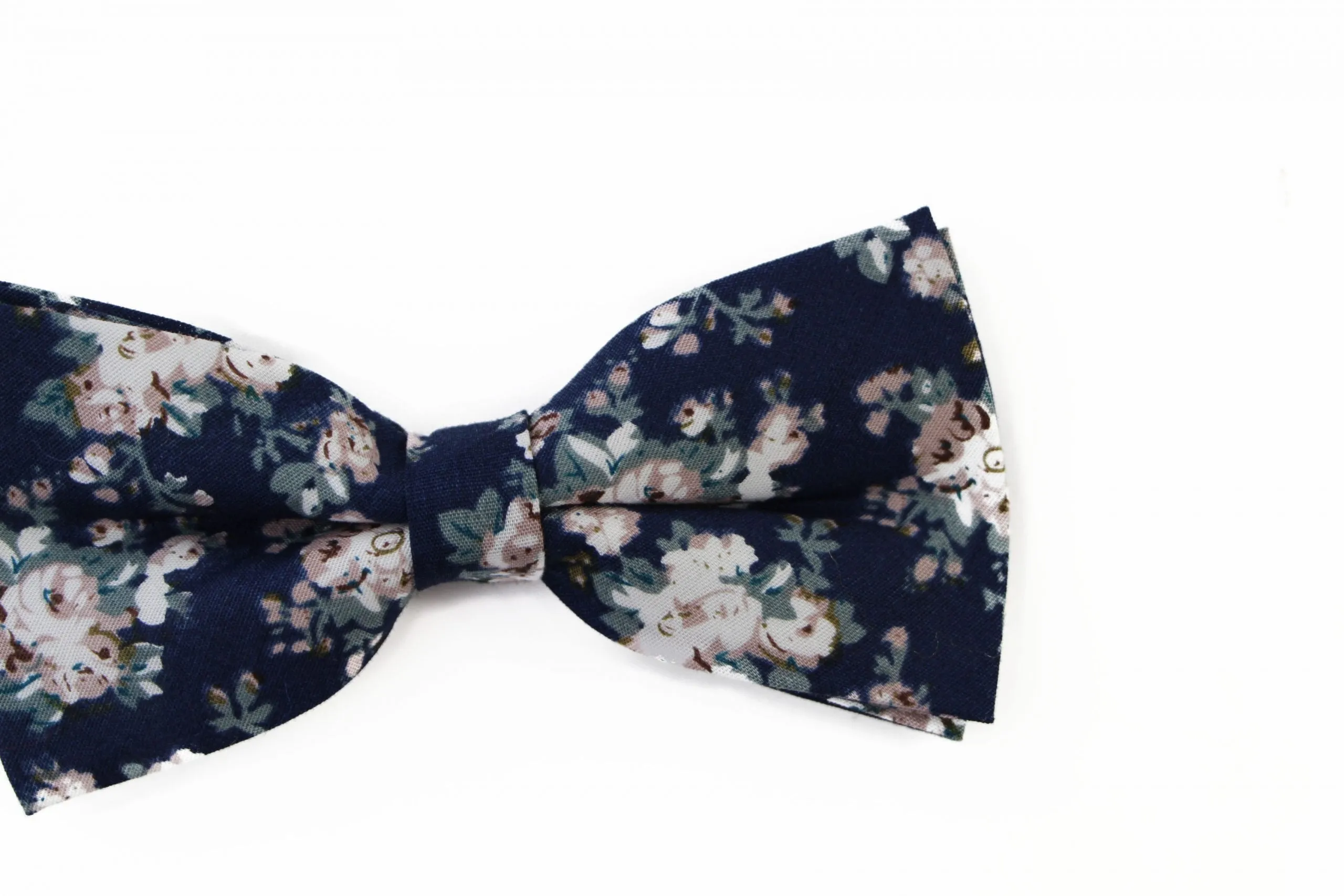 Mens Navy With Cream Flowers Cotton Bow Tie & Pocket Square Set