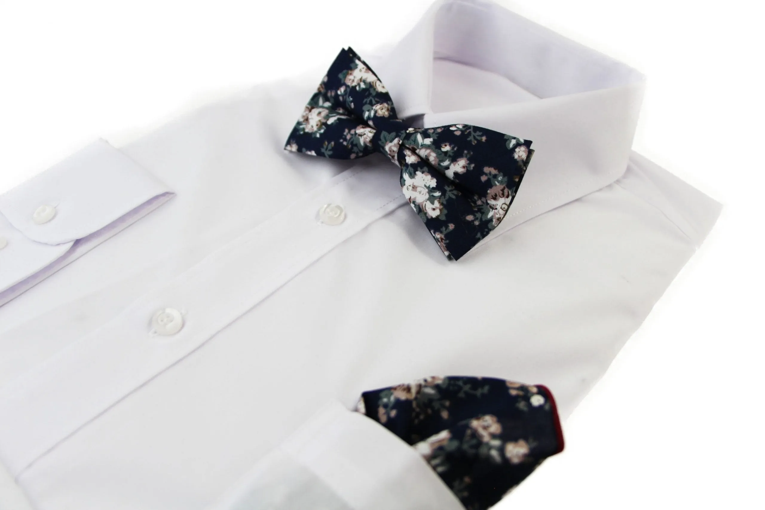 Mens Navy With Cream Flowers Cotton Bow Tie & Pocket Square Set