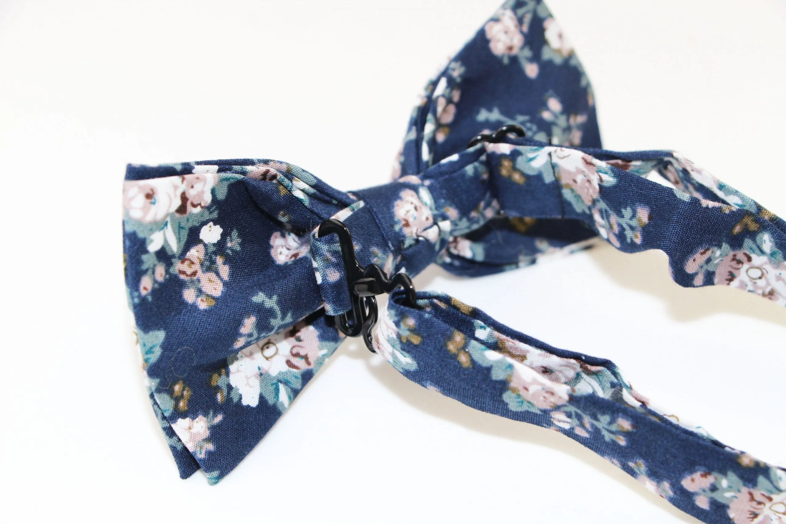 Mens Navy With Cream Flowers Cotton Bow Tie & Pocket Square Set