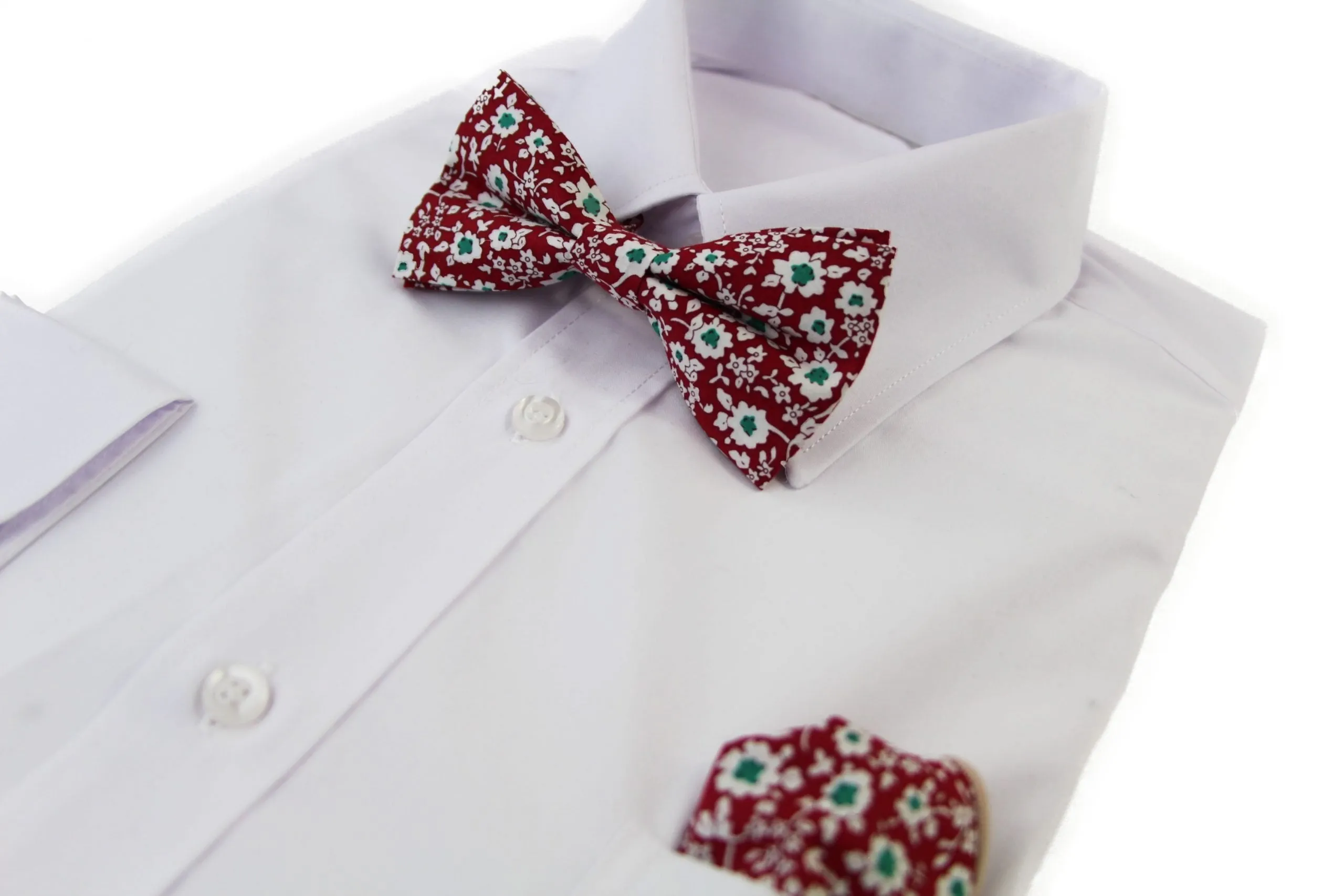 Mens Red With White & Green Flowers Cotton Bow Tie & Pocket Square Set