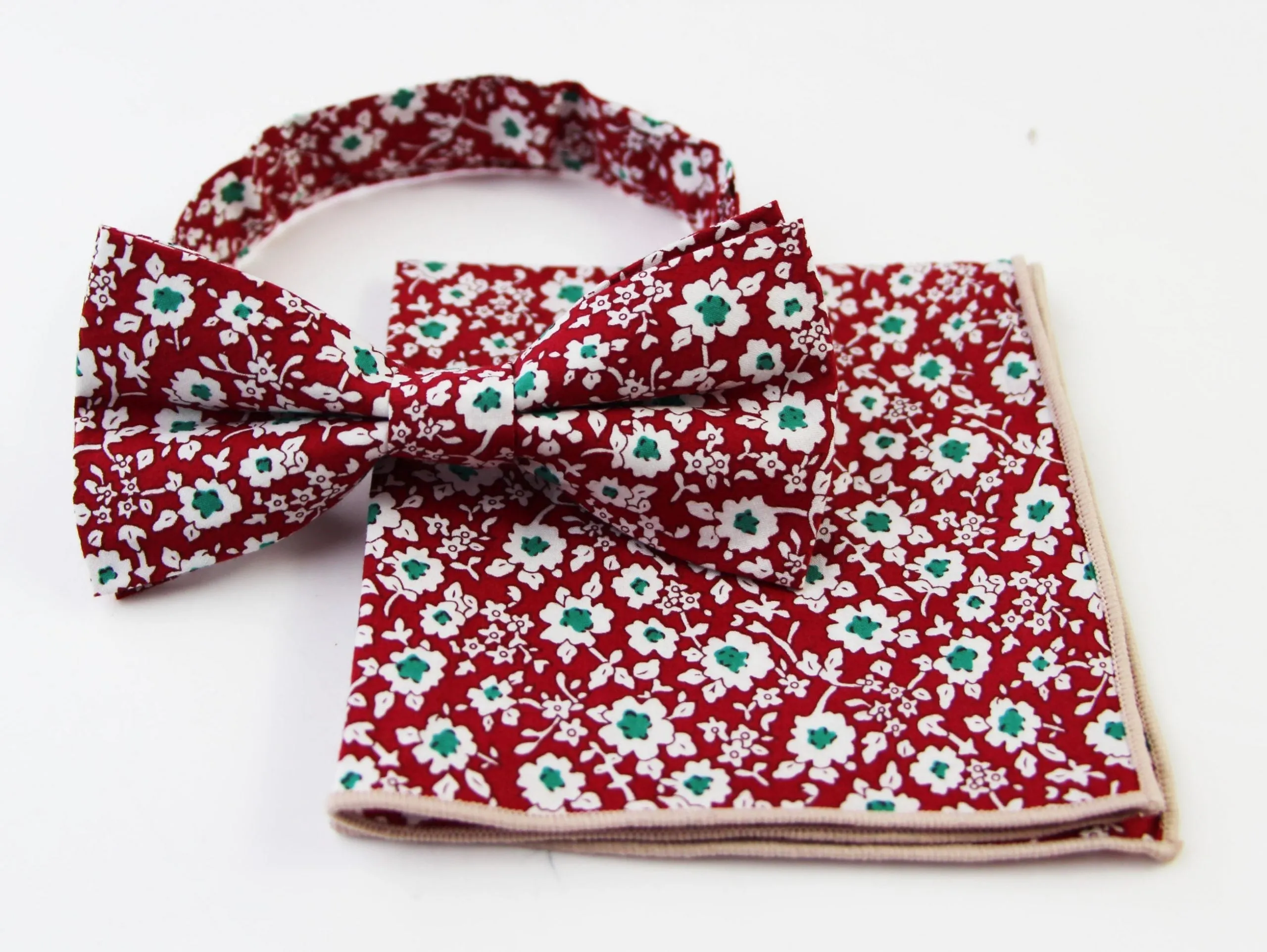 Mens Red With White & Green Flowers Cotton Bow Tie & Pocket Square Set