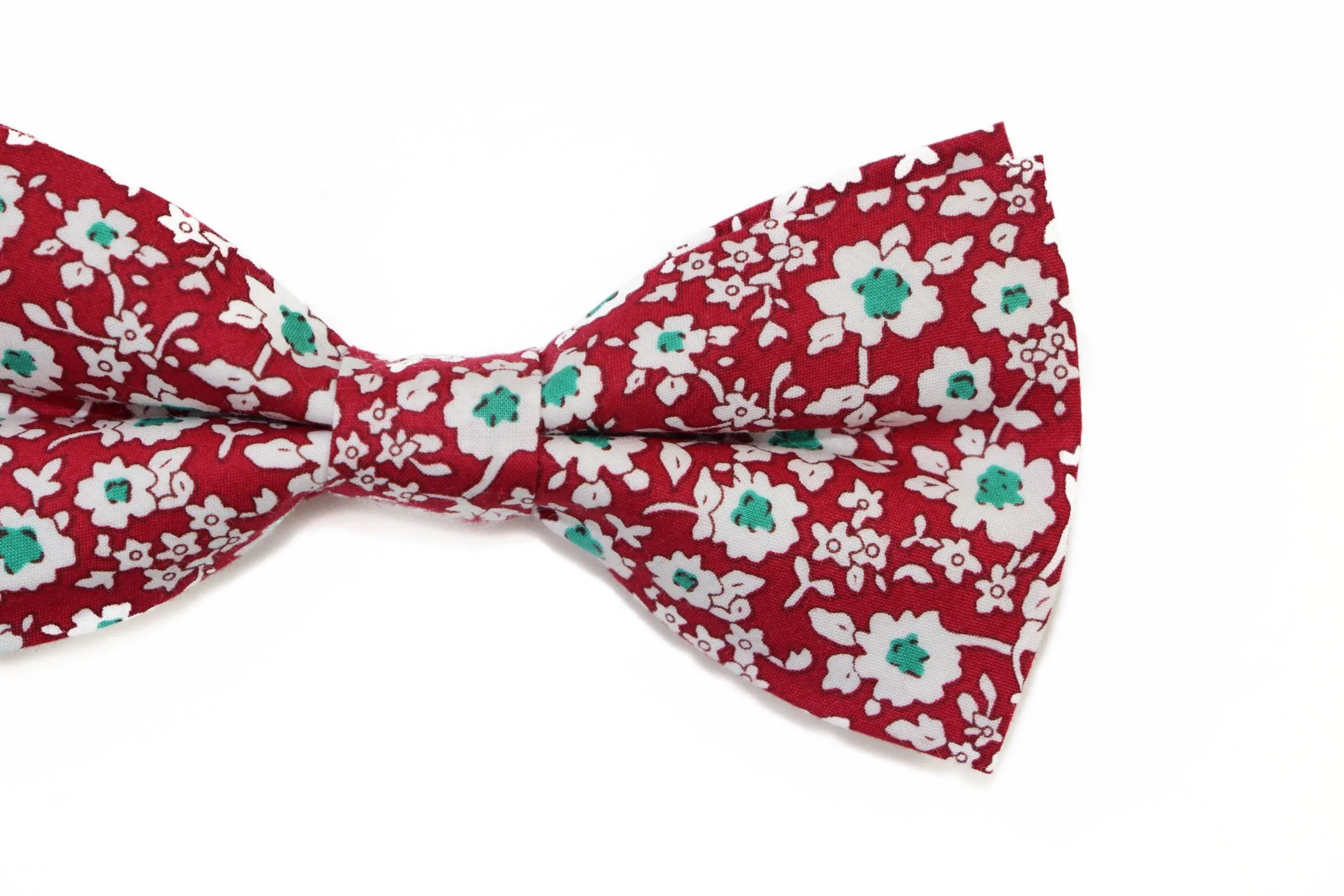 Mens Red With White & Green Flowers Cotton Bow Tie & Pocket Square Set