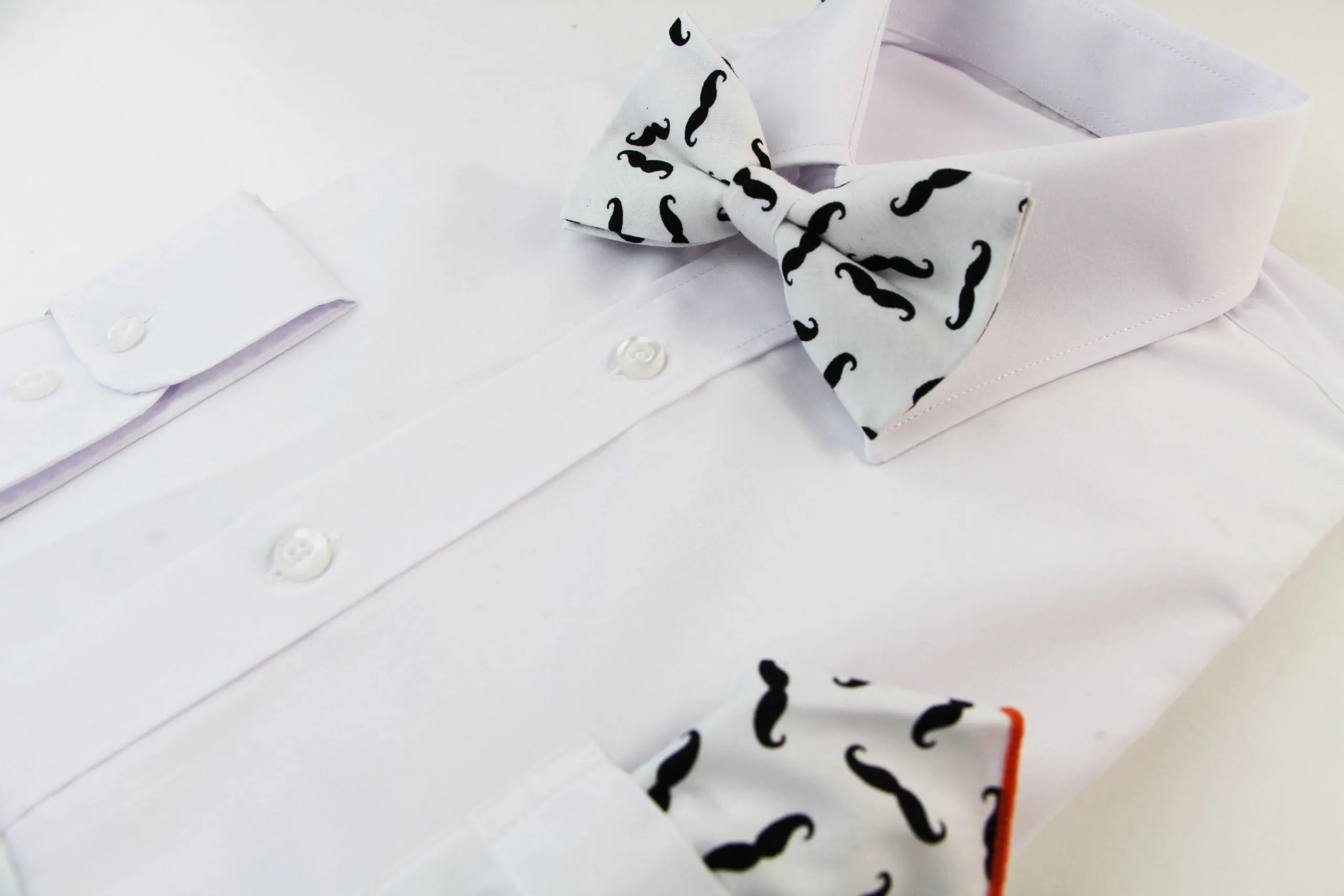 Mens White With Black Moustache Cotton Bow Tie & Pocket Square Set